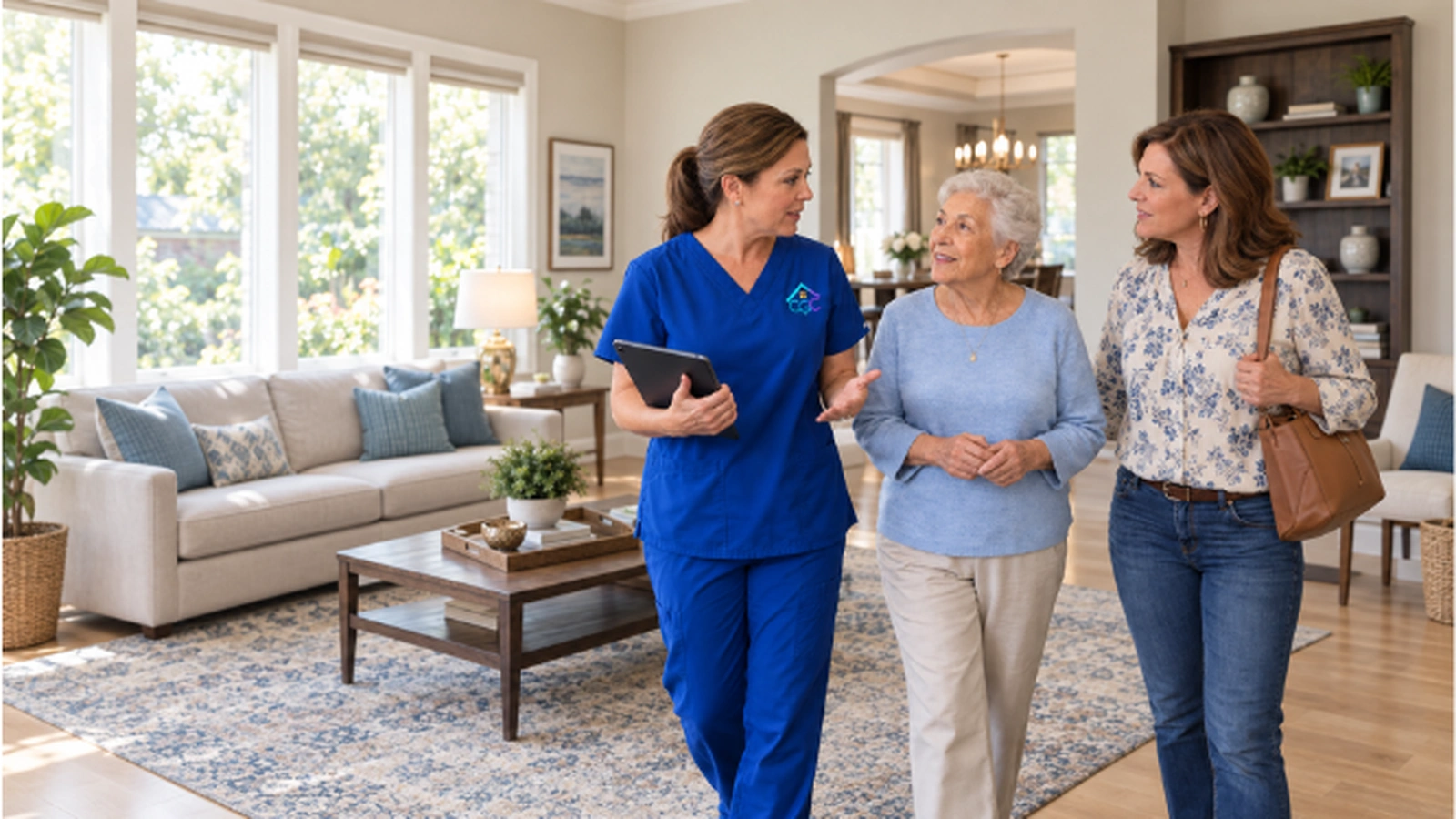 Capricorn RN placement advisor guiding an older adult and her daughter through senior-care options.
