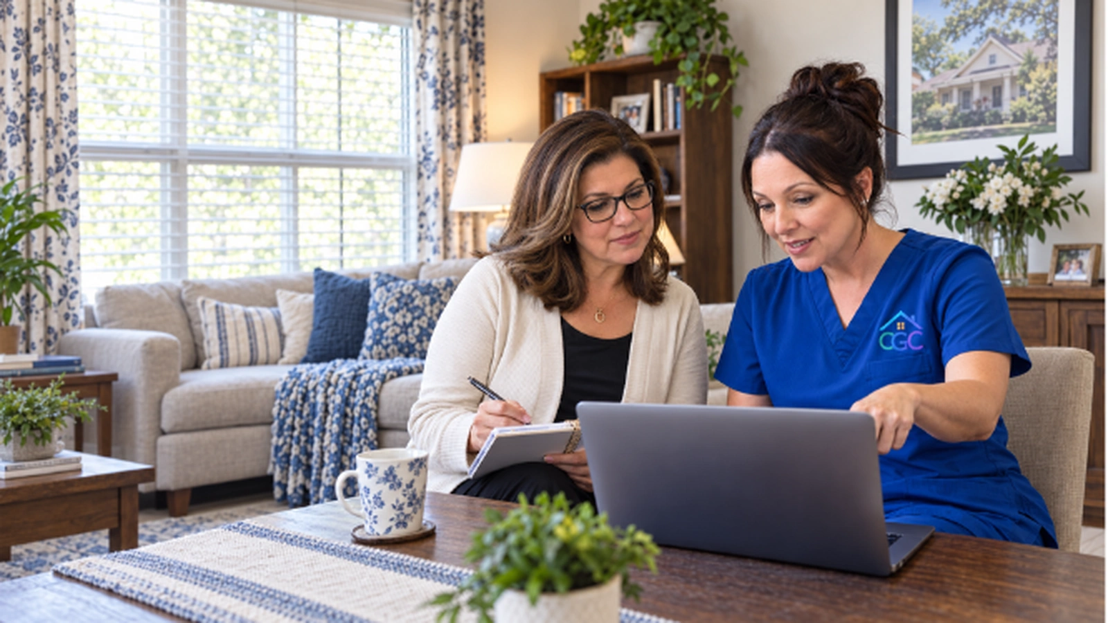 Independent senior-care provider reviewing her marketplace profile with a Capricorn onboarding specialist.