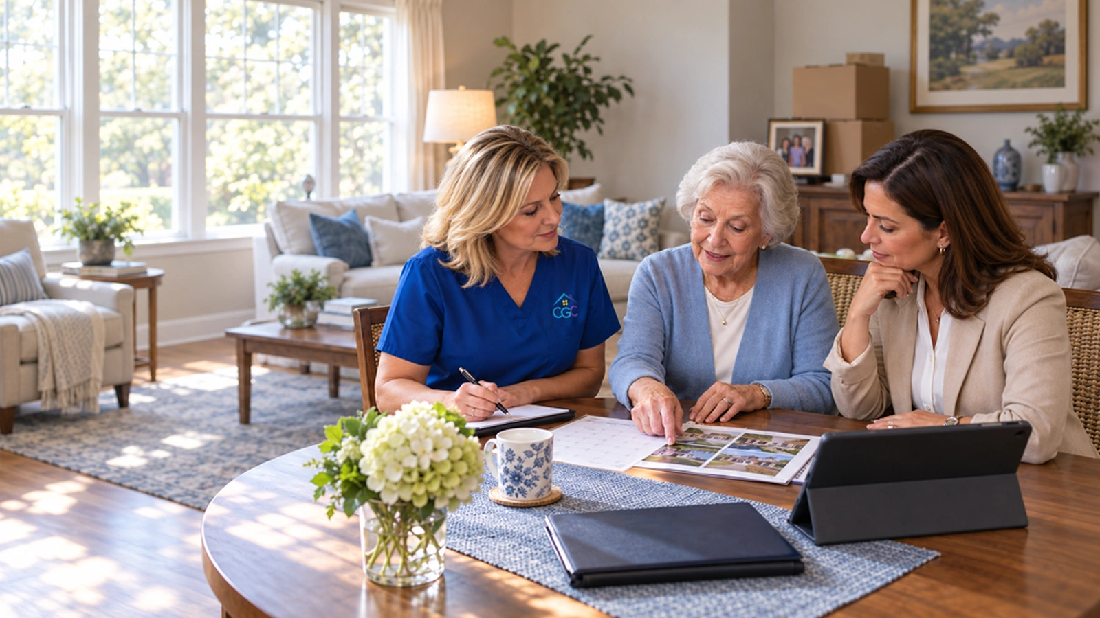 Older adult planning a senior-living transition with a Capricorn RN advisor and an independent transition partner.